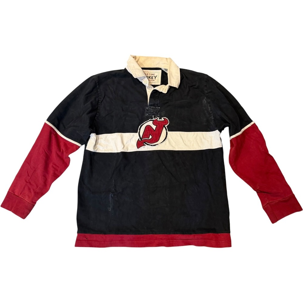 Old Time Hockey New Jersey Devils Rugby Shirt NHL 2X Black Red Vintage 82 Used